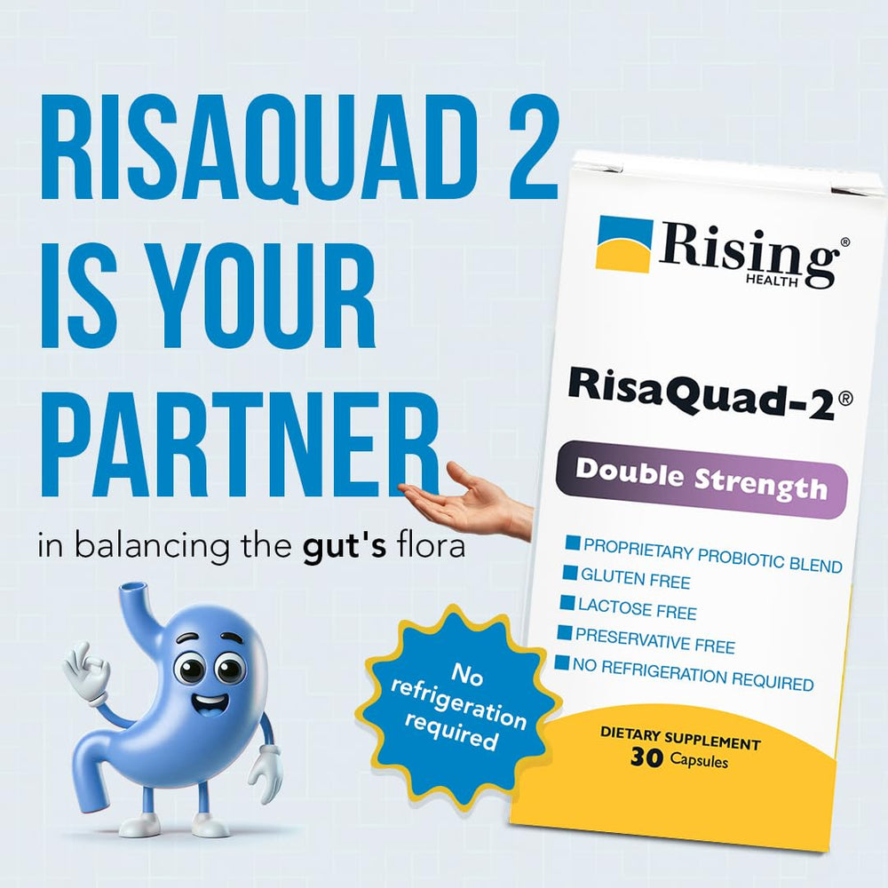Rising Risaquad-2 bottle displayed on shelf suggesting consistent GI care.