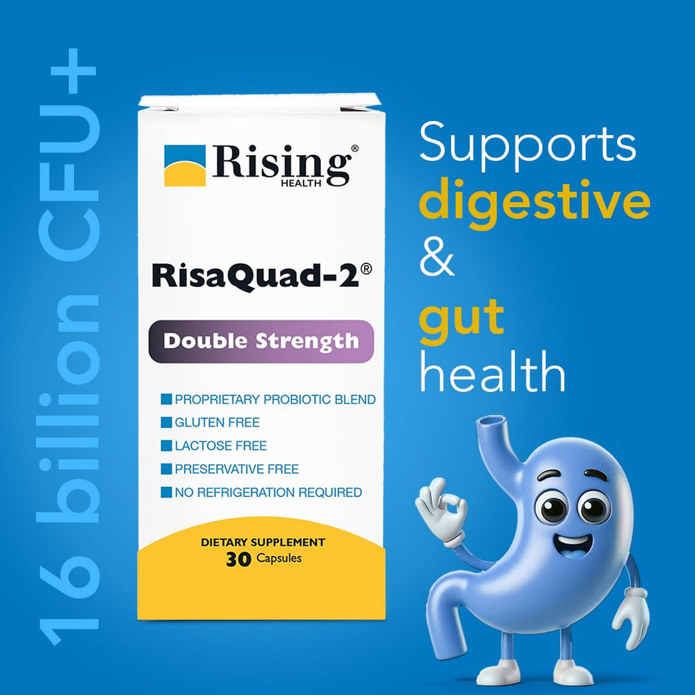 Rising Risaquad-2 packaging close-up showing probiotic blend for gut support.