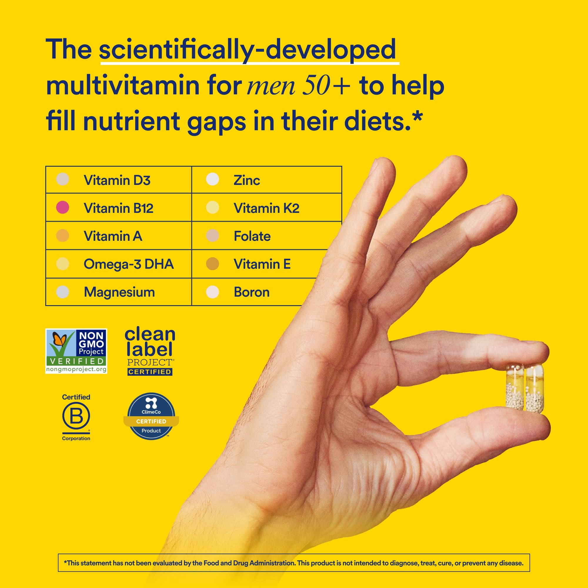 Ritual Multivitamin Men 50+ tablet closeup shows delayed-release capsules for absorption.