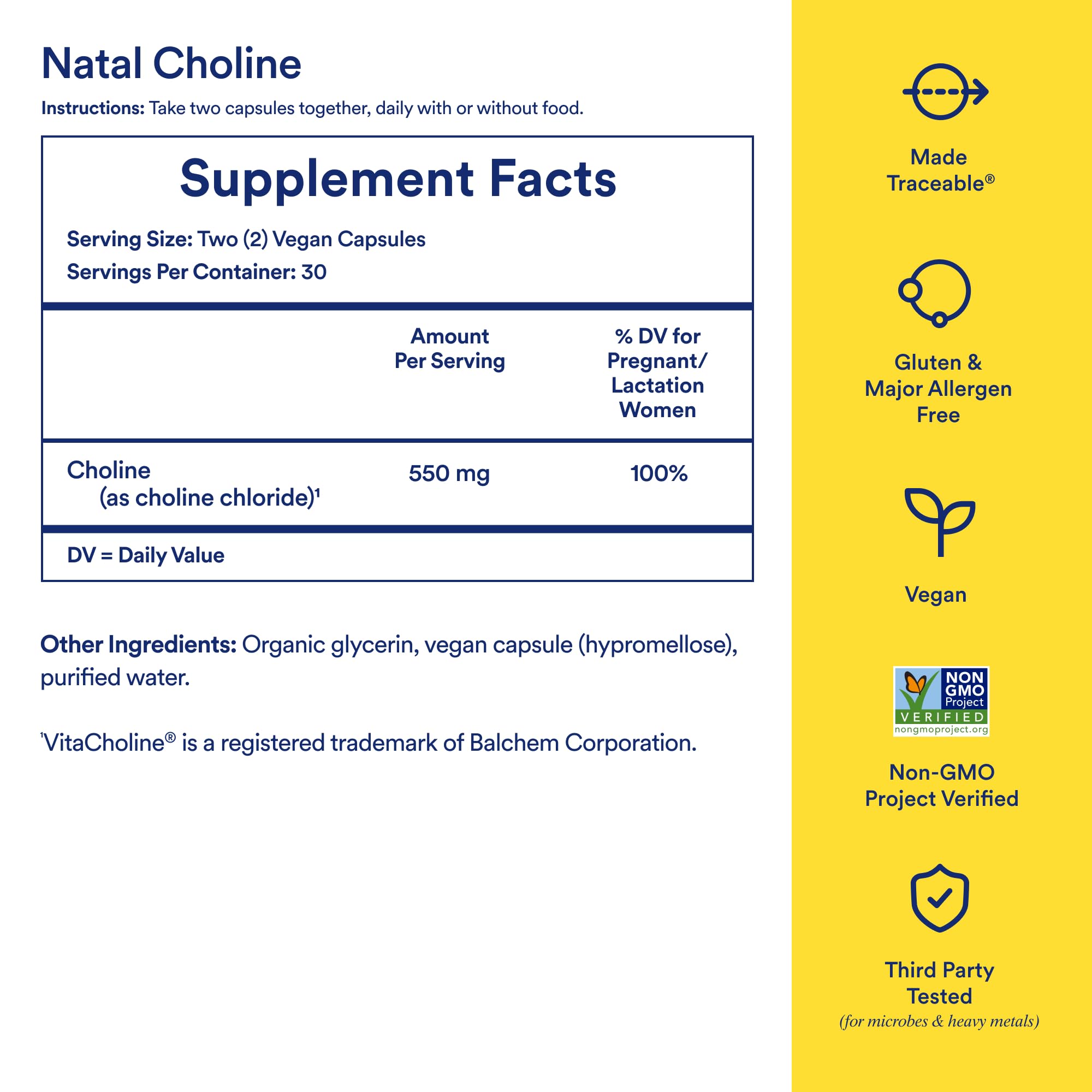 Ritual Natal Choline label showing vegan and clean-label features