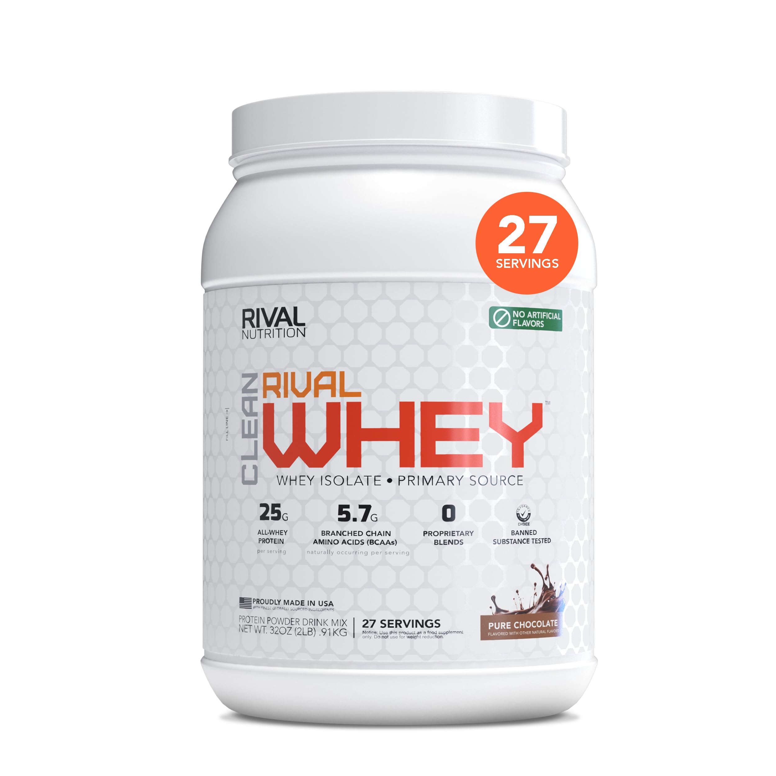Rival Nutrition Clean Rival Whey front label shows 25g protein per serving for recovery.