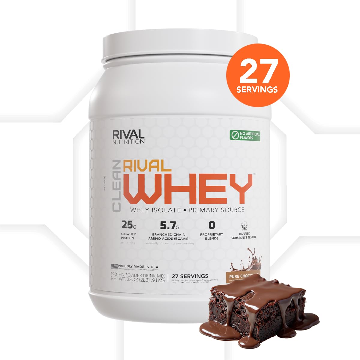 Rival Whey 2lb chocolate scoop in a shaker highlighting quick-digesting protein for workouts.
