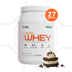 Rival Whey scoop pouring into a shaker showing 25g protein per serving