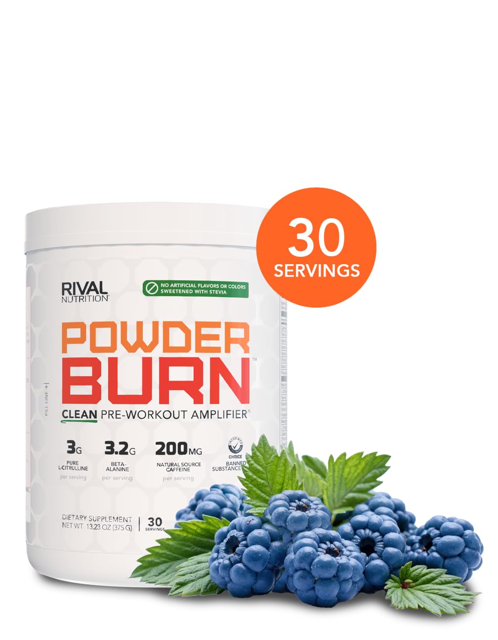RIVAL NUTRITION Powder Burn label close-up highlights no artificial flavors