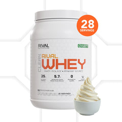 A glass of vanilla whey shake highlighting 25g protein per serving