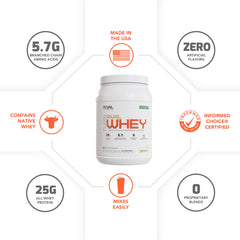 Scoop of Rival Whey being poured, showcasing fast-digesting protein powder