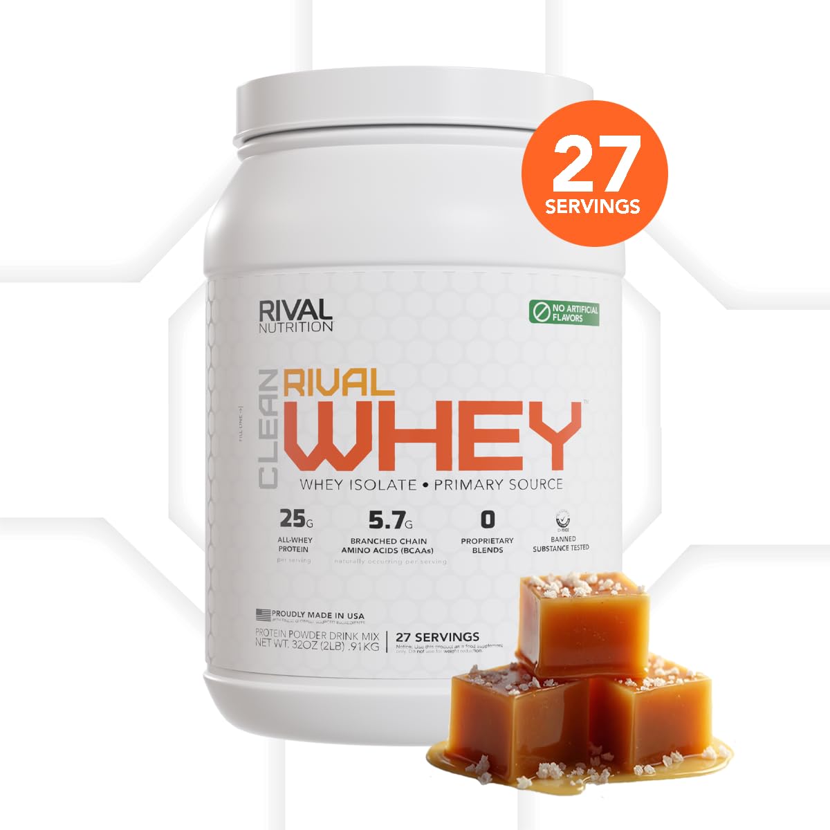 Scoop of RIVAL NUTRITION whey protein powder ready to mix for pre or post workout