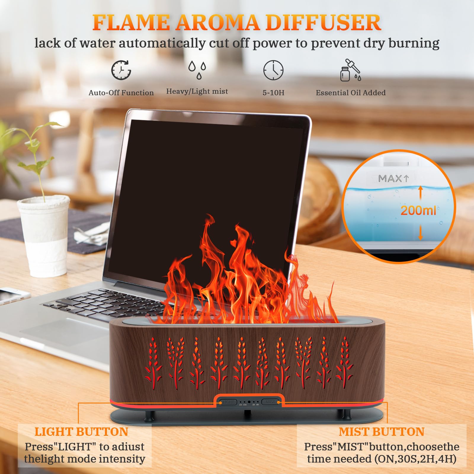 Rivola diffuser with two mist modes and flame light for aromatherapy