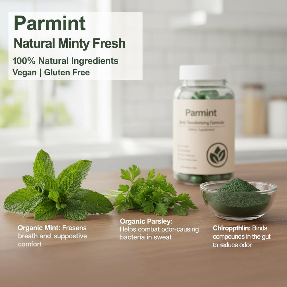 RIWYDMA Parmint chlorophyllin ingredient close-up highlights natural deodorizing core.