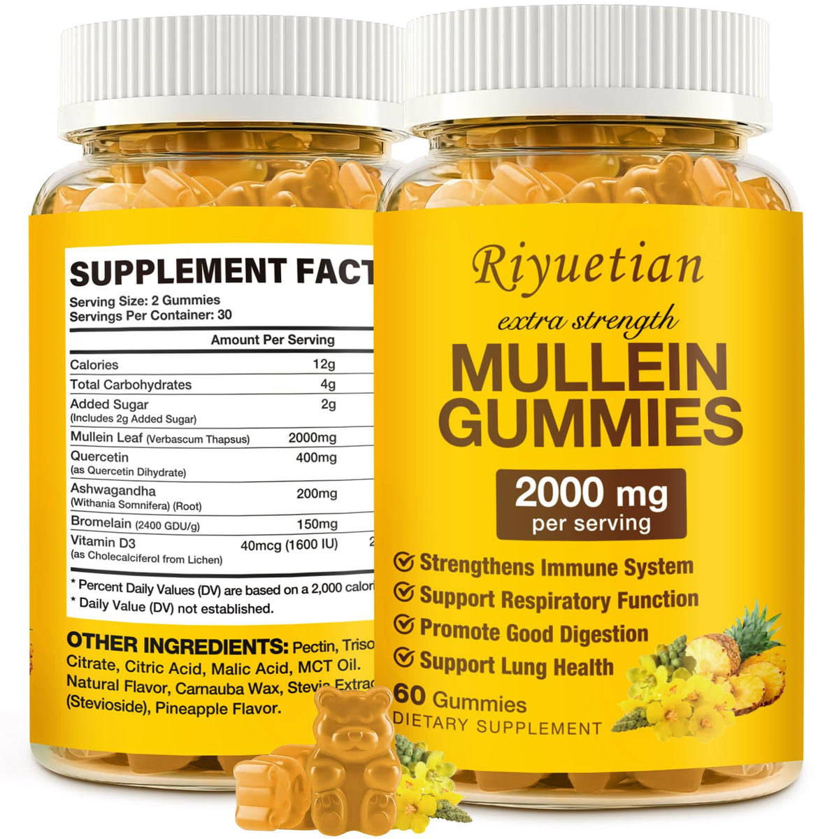 Riyuetian Mullein Gummies bottle closeup highlighting premium organic extract for daily respiratory support