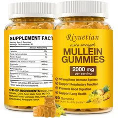 Riyuetian Mullein Gummies bottle closeup highlighting premium organic extract for daily respiratory support