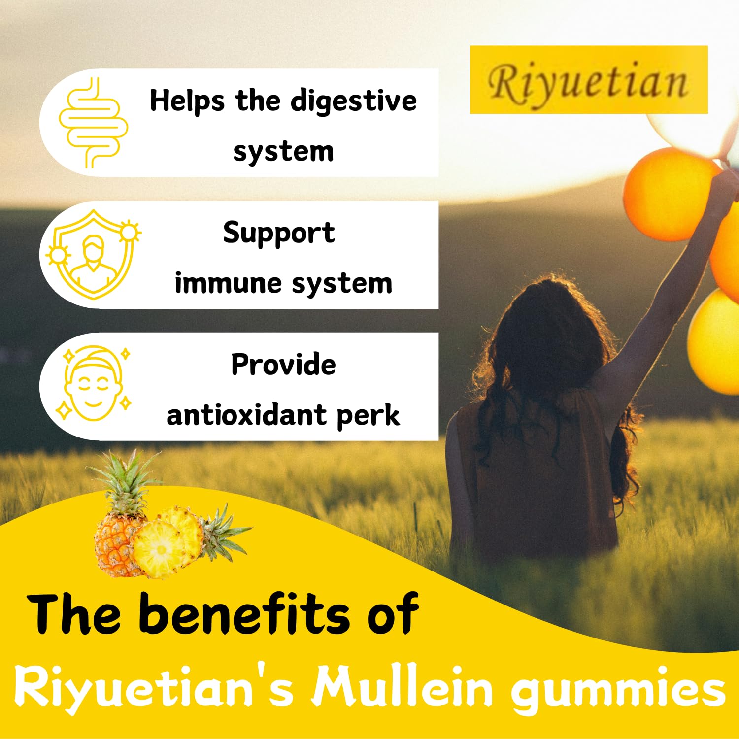 Riyuetian Mullein Gummies ingredients panel with key botanicals