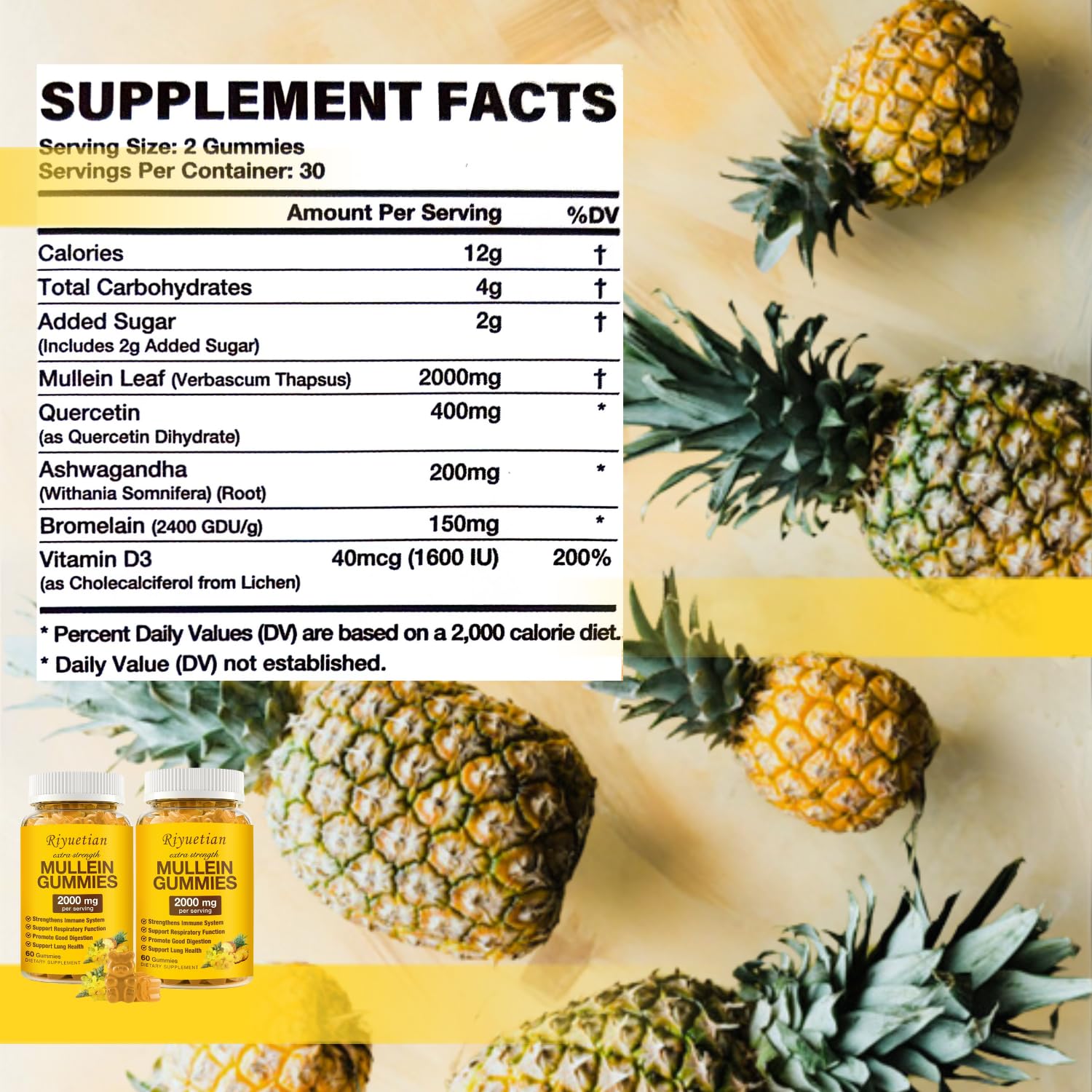 Riyuetian Mullein Gummies pineapple flavor image showing tasty daily chew