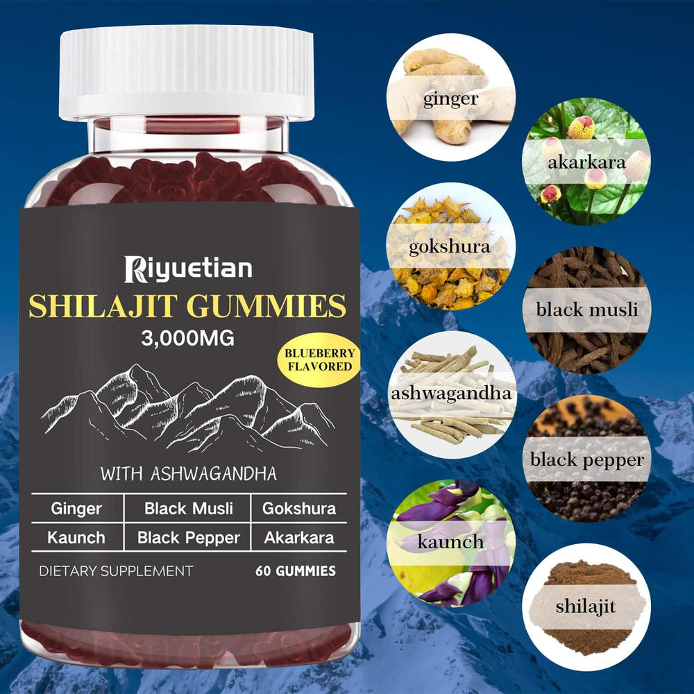 Riyuetian Shilajit Gummies jar opened showing chewy texture and blueberry flavor