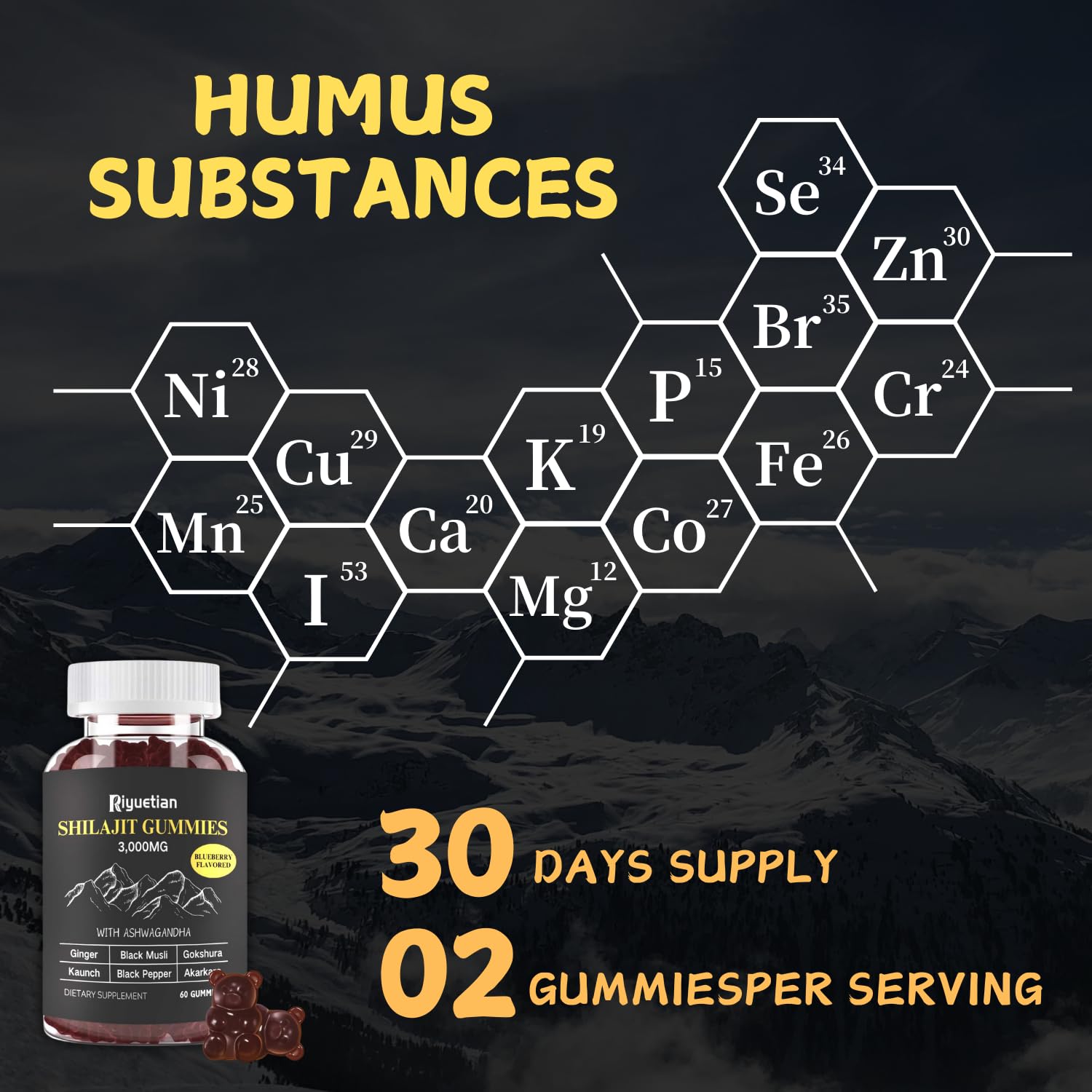 Riyuetian Gummies packaging display with vegan and non-GMO symbols