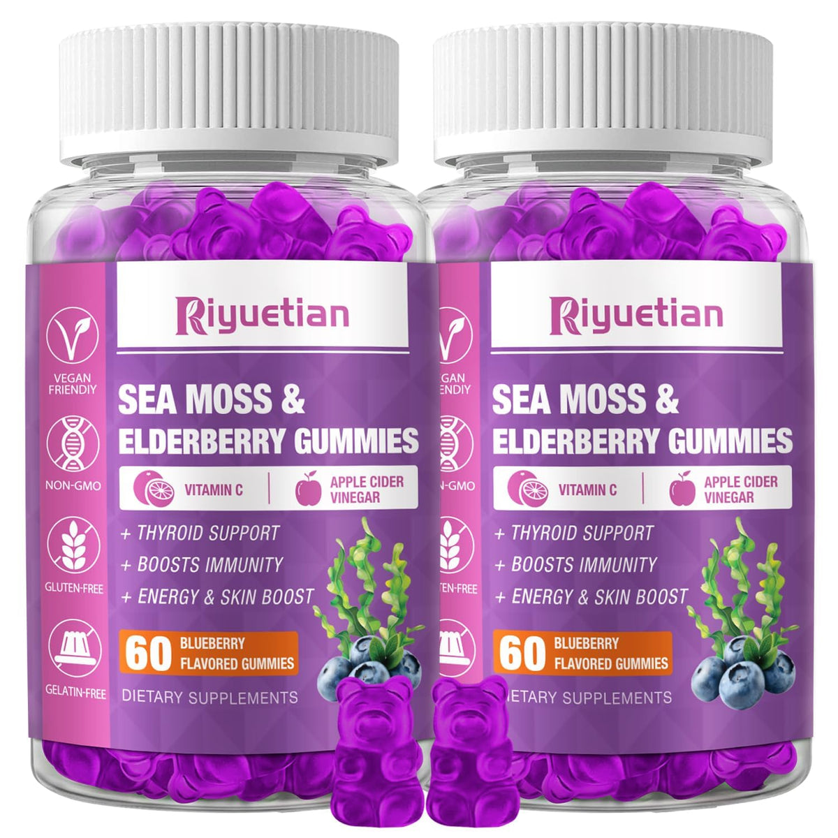 Riyuetian Sea Moss & Elderberry Gummies bottle showcasing blueberry flavor and product branding for daily wellness