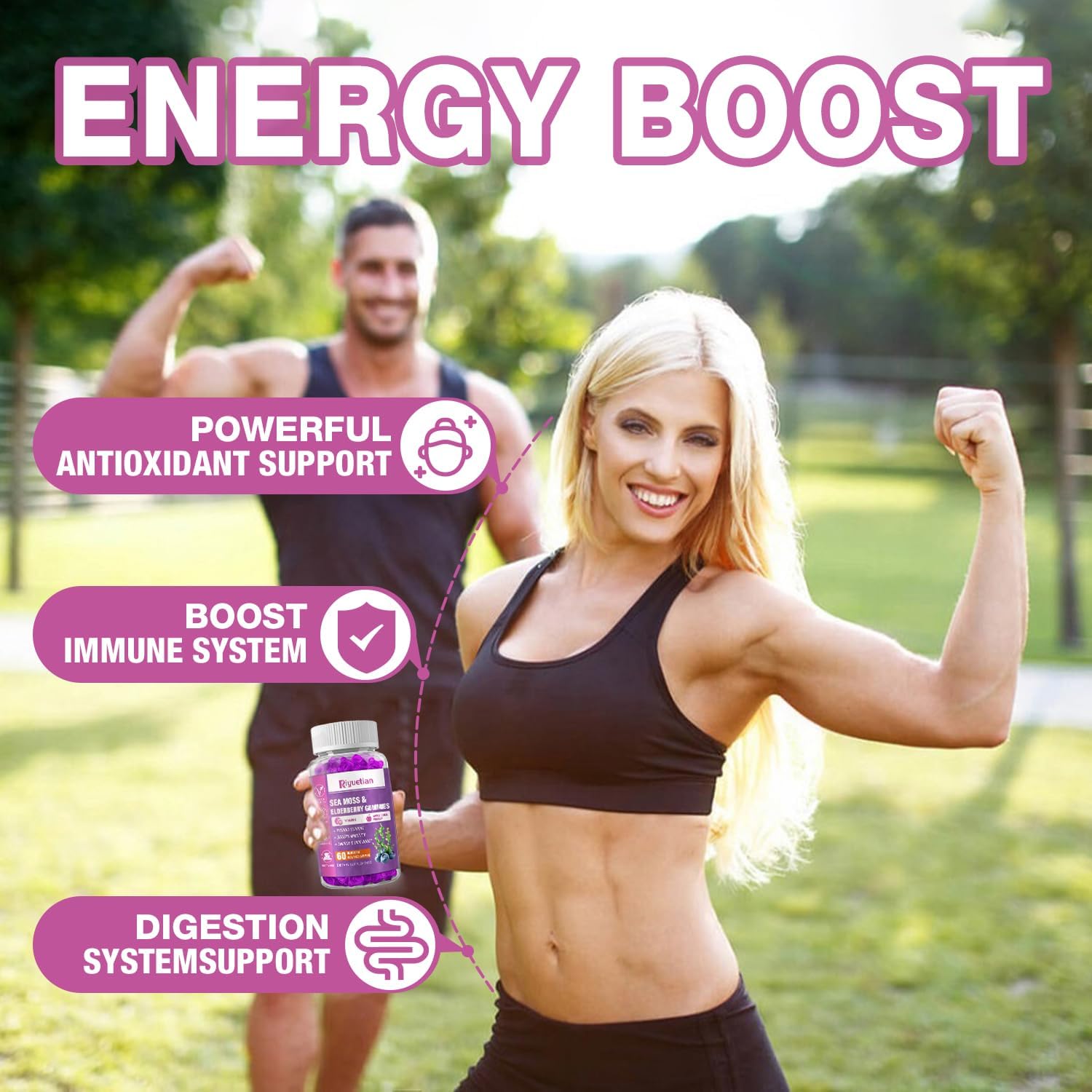 Riyuetian Sea Moss & Elderberry Gummies label highlighting ingredients and vegan formula
