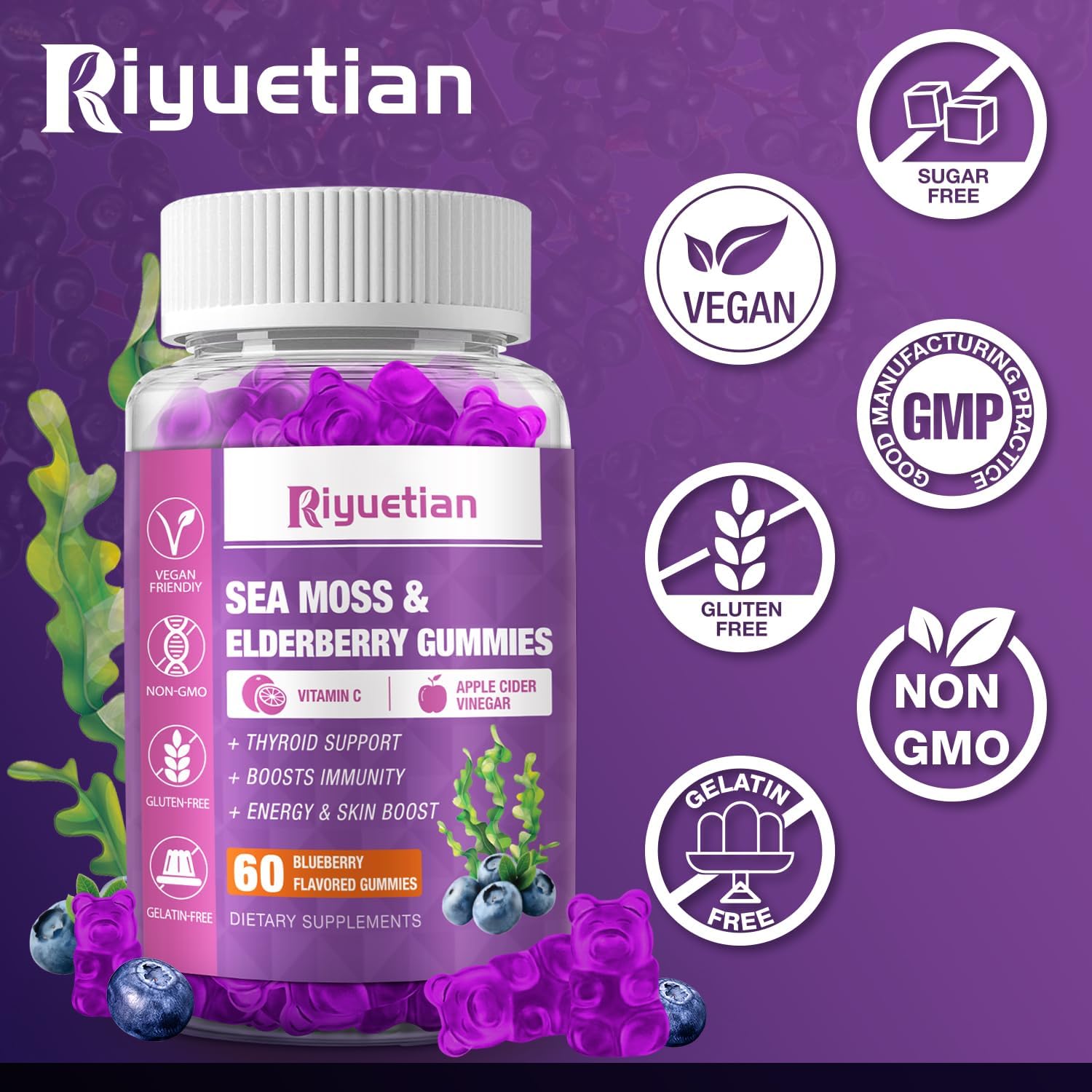 Riyuetian Sea Moss & Elderberry Gummies packaging on display for value and convenience
