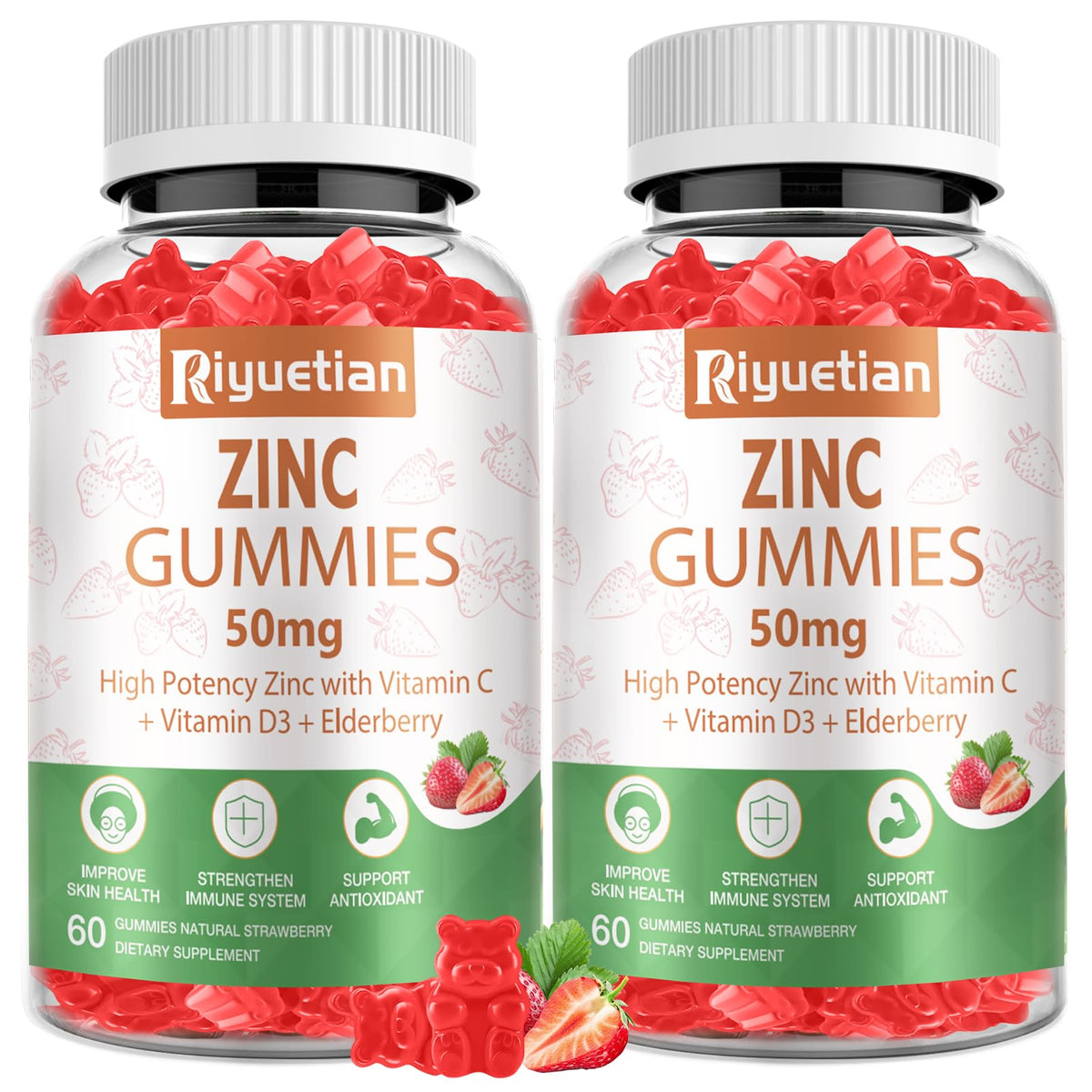 Riyuetian Zinc Gummies 50mg bottle front for easy daily immune support.