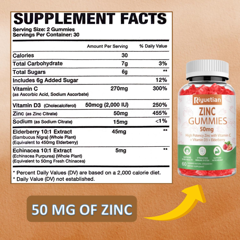 Riyuetian Zinc Gummies nutritional panel close-up highlighting Vitamin C and D3