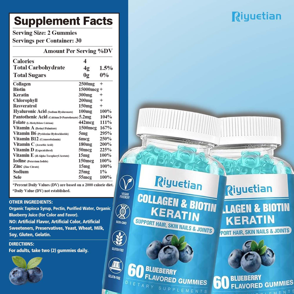 Riyuetian gummies closeup showing delicious vegan supplement for hair and skin