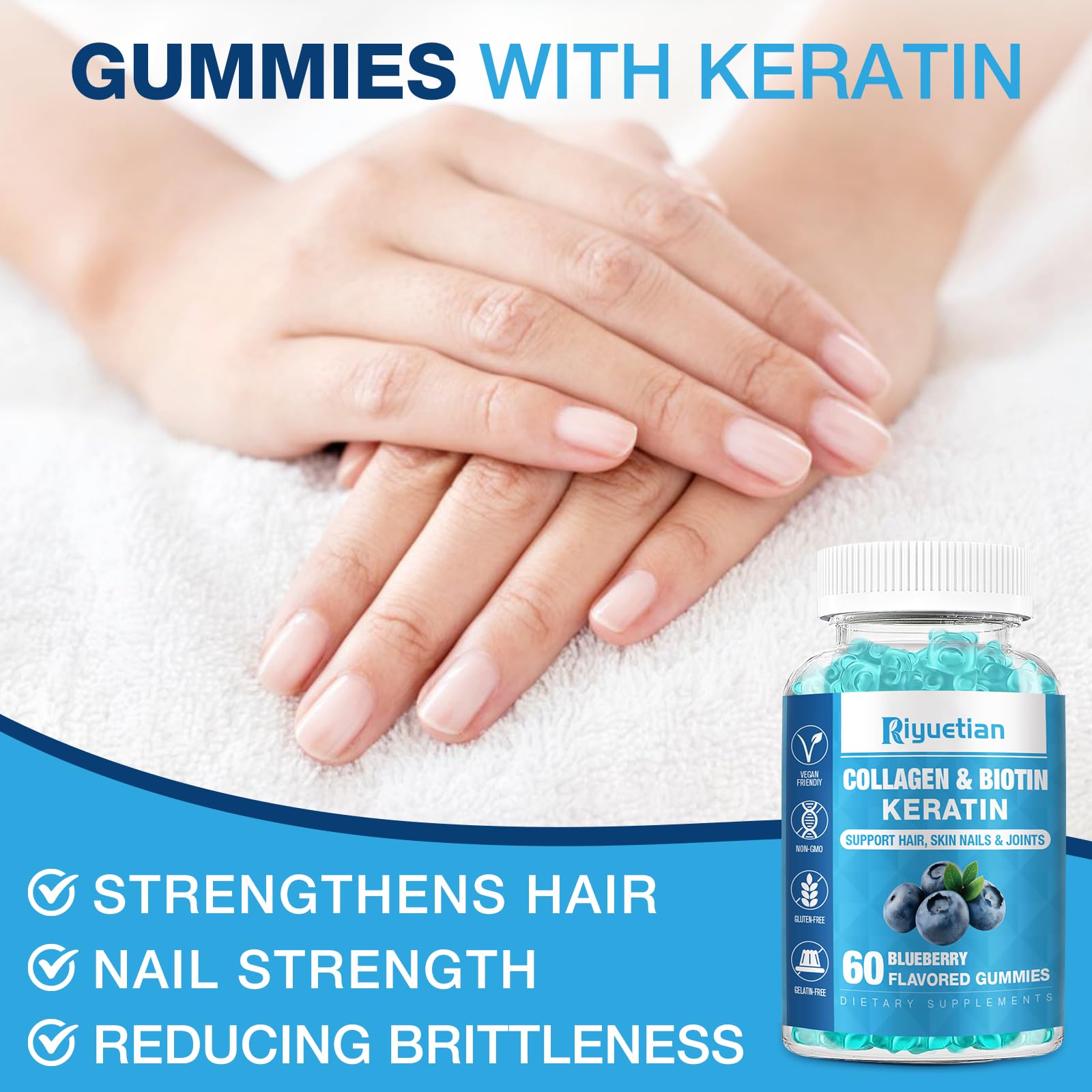Riyuetian ingredients list highlighting collagen, biotin, vitamins