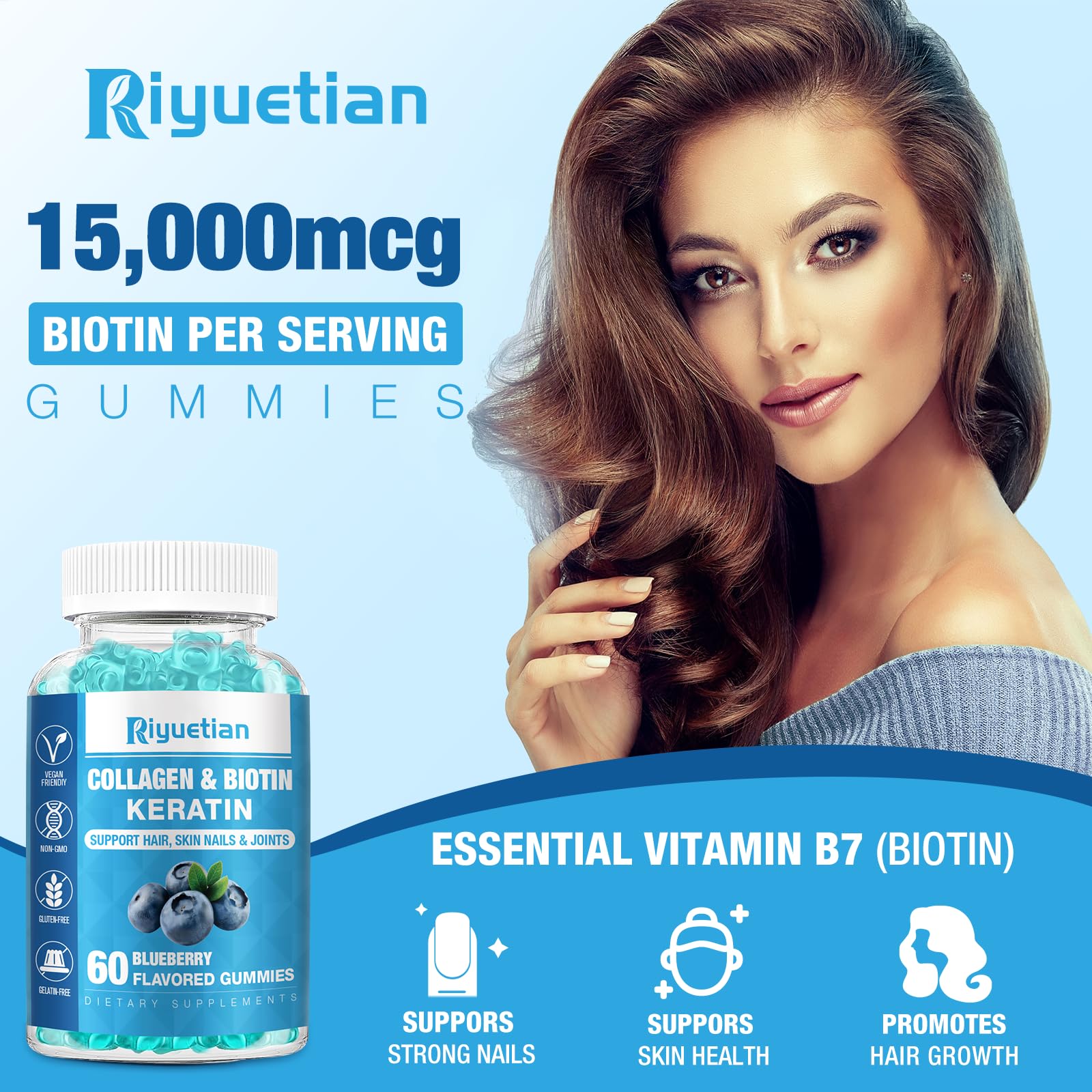 Riyuetian gummies packaging highlighting vegan formula and quality