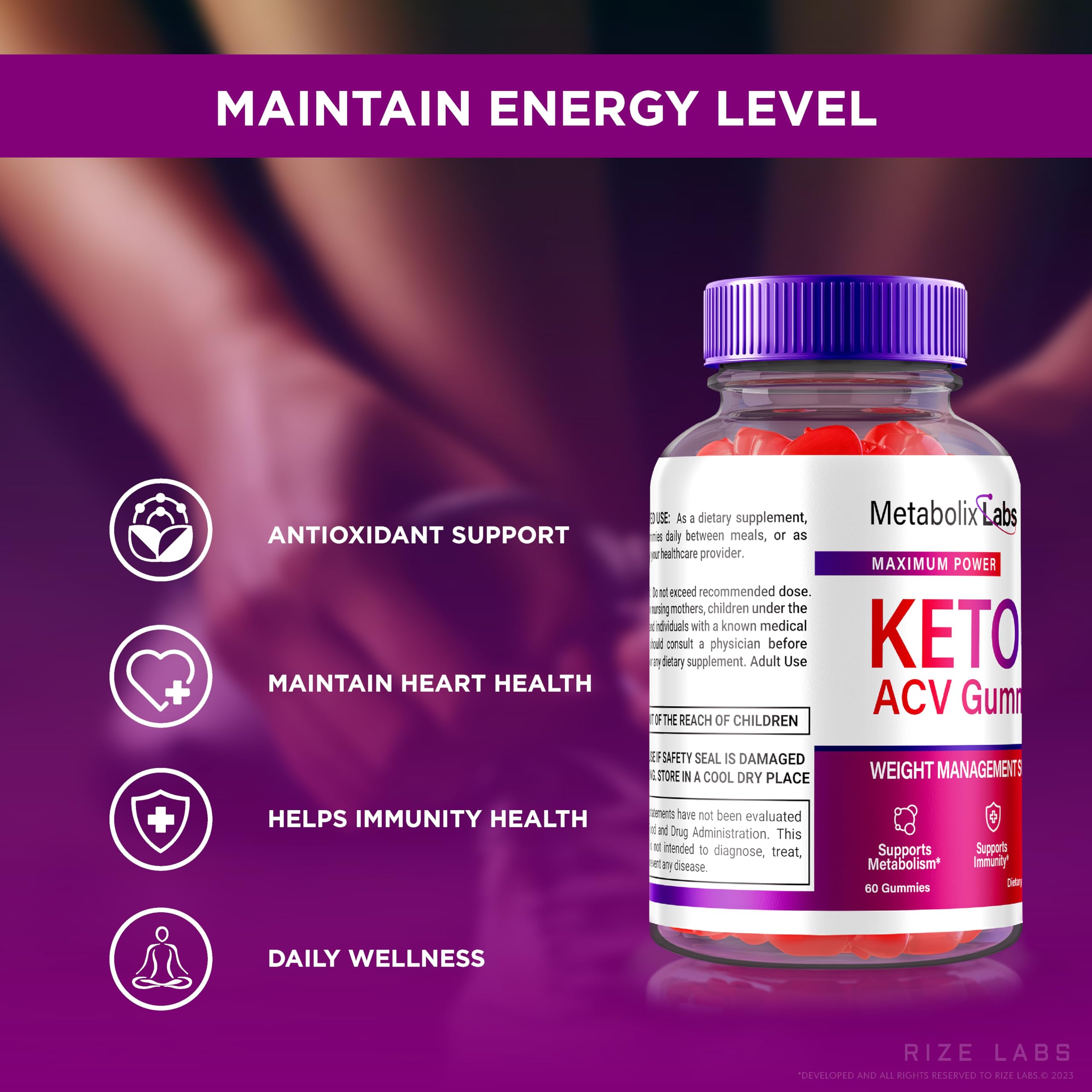Rize Labs Metabolix Keto Plus ACV Gummies ingredient list close-up emphasizes organic formula.