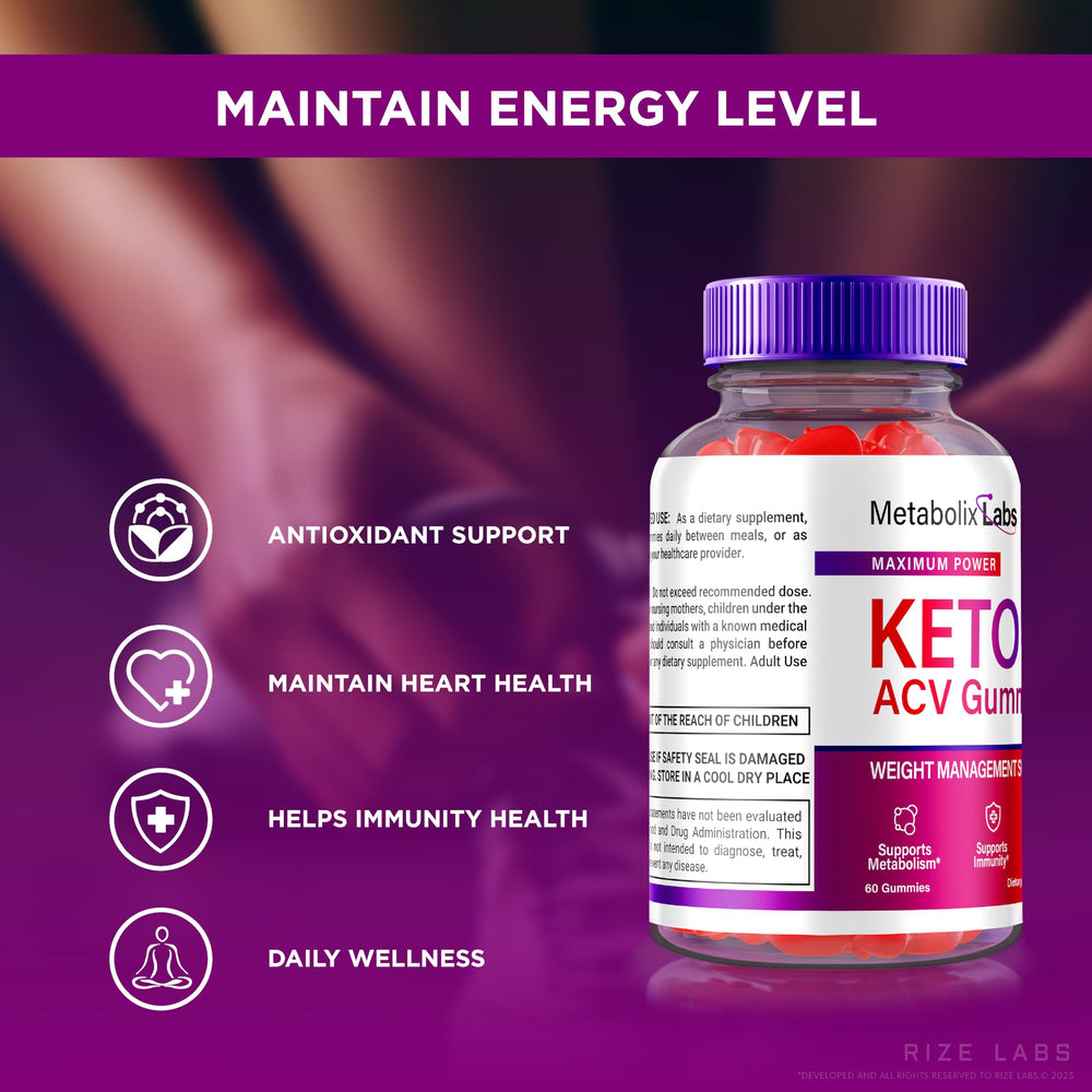 Rize Labs Metabolix Keto Plus ACV Gummies ingredient list close-up emphasizes organic formula.