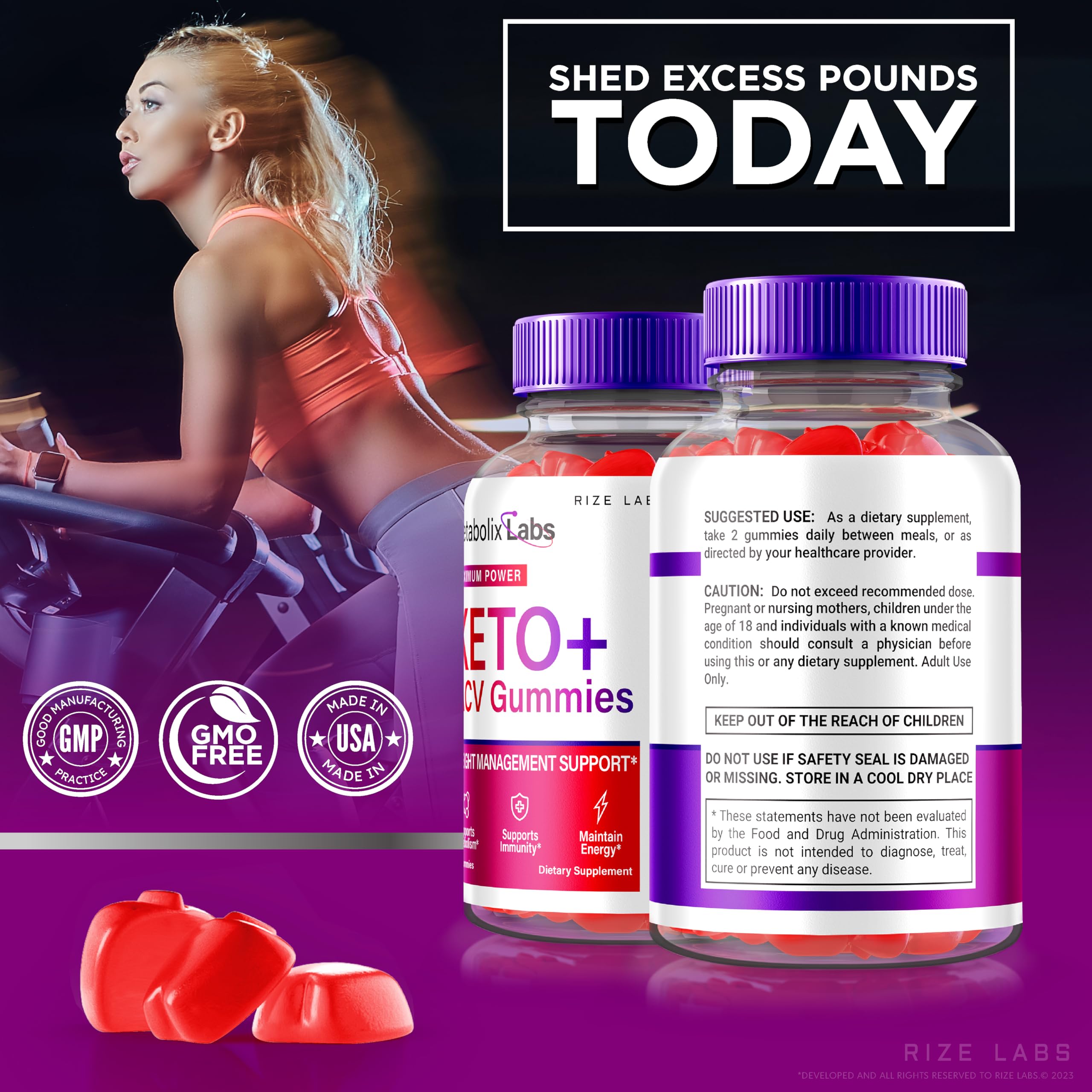 Rize Labs Metabolix Keto Plus ACV Gummies display suggesting a keto friendly snack.