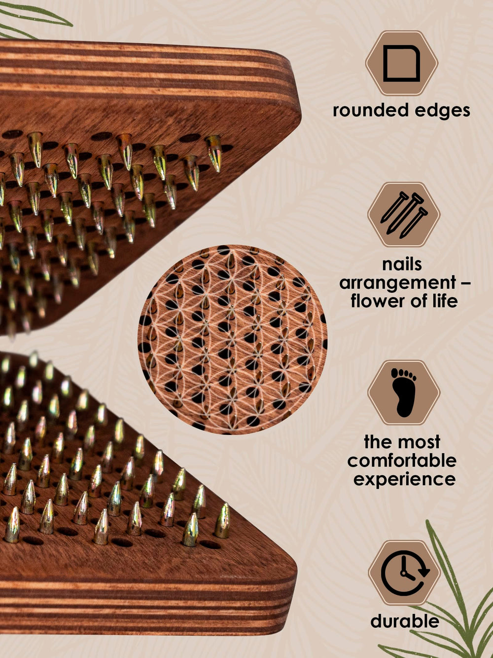 RIZONE Oak8 wooden-yoga-board provides a stable surface for nail-based therapy.