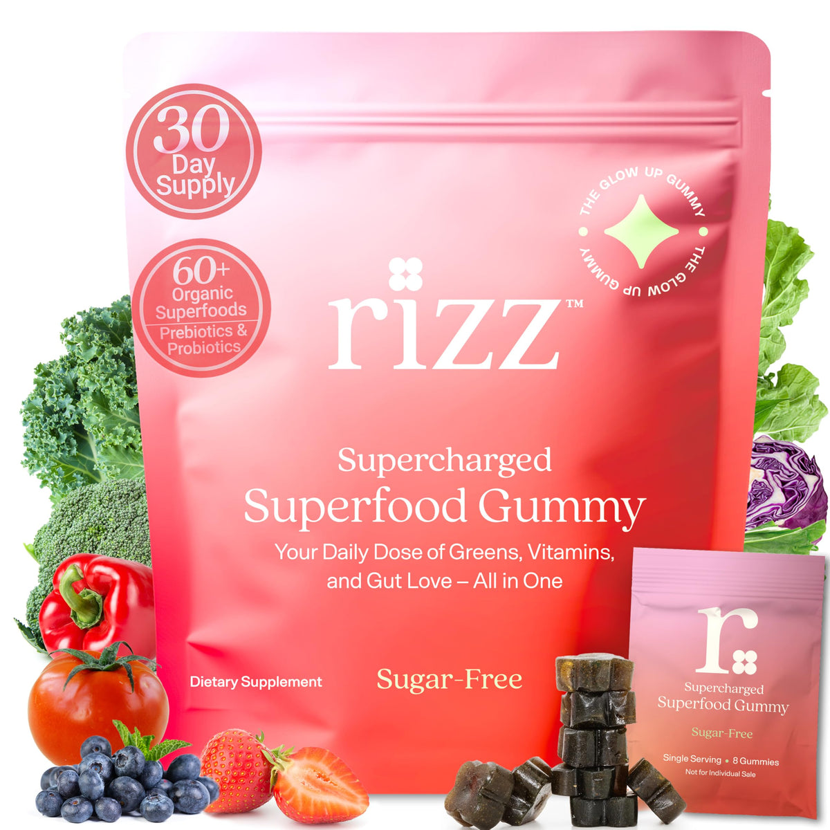 Rizz Sugar-Free Green Gummies bottle showing 60+ superfoods for daily nutrition