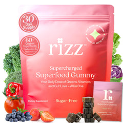 Rizz Sugar-Free Green Gummies bottle showing 60+ superfoods for daily nutrition