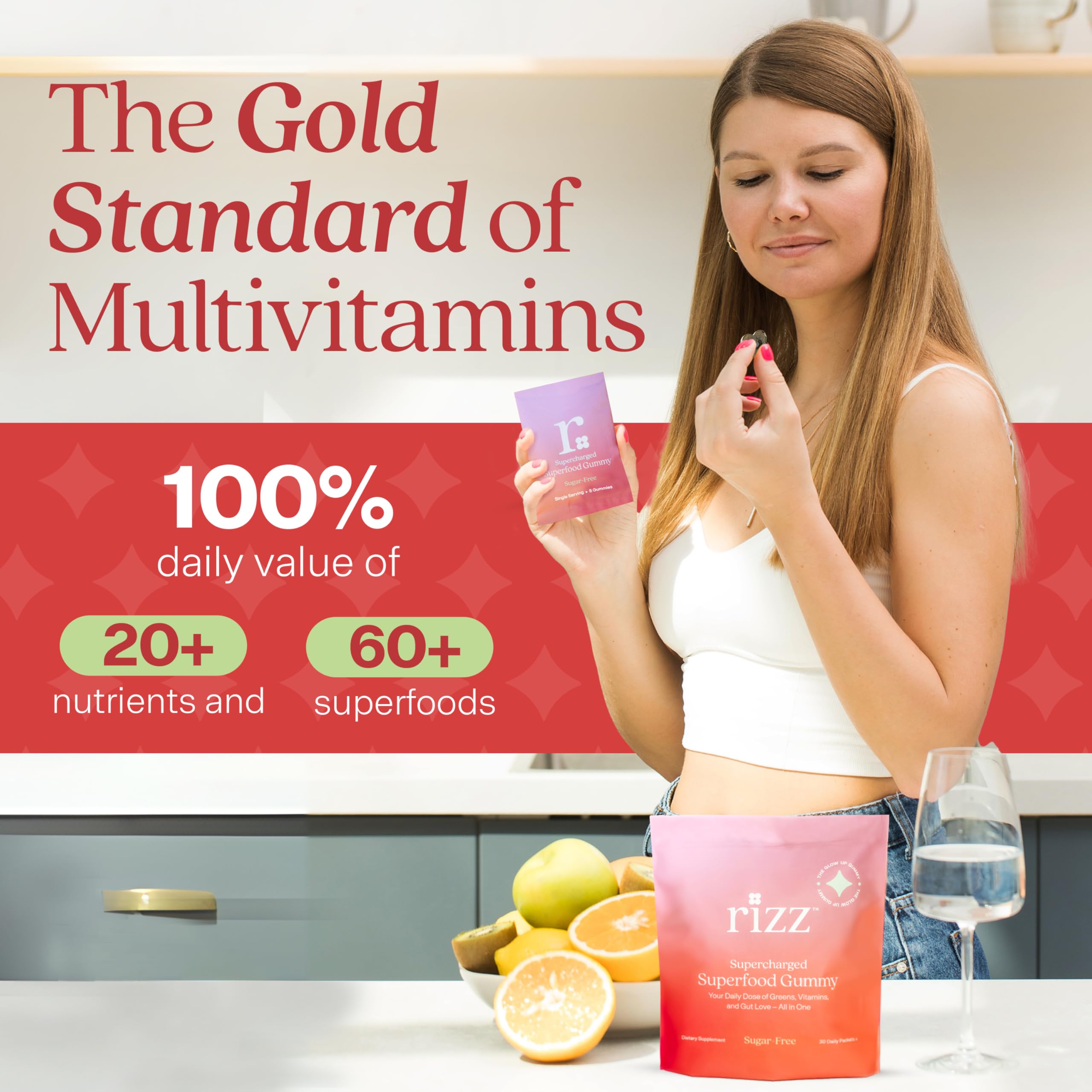 Rizz Sugar-Free Green Gummies front label highlighting vegan, gluten-free formula
