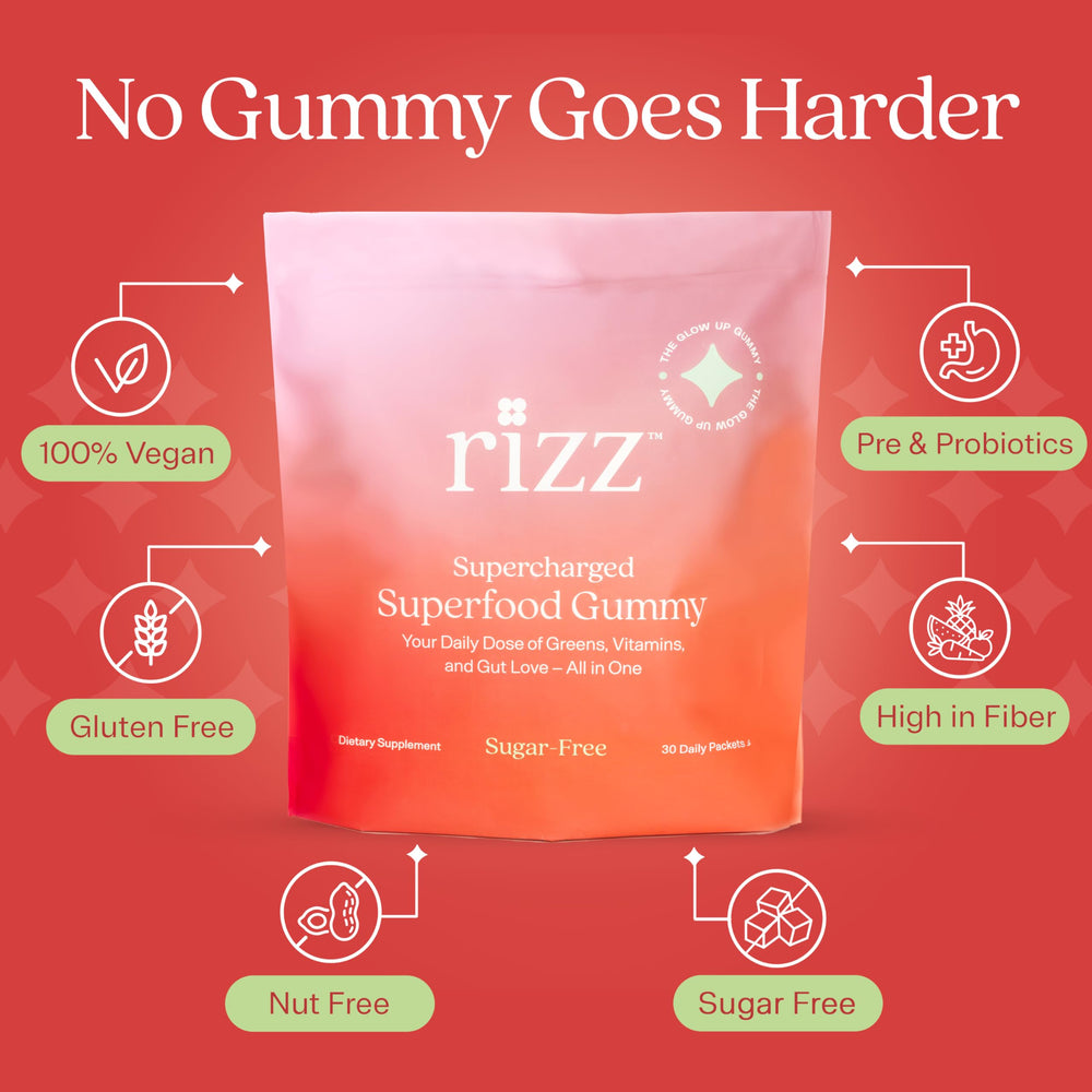 Rizz Sugar-Free Green Gummies ingredients visual showing plant-based nutrients