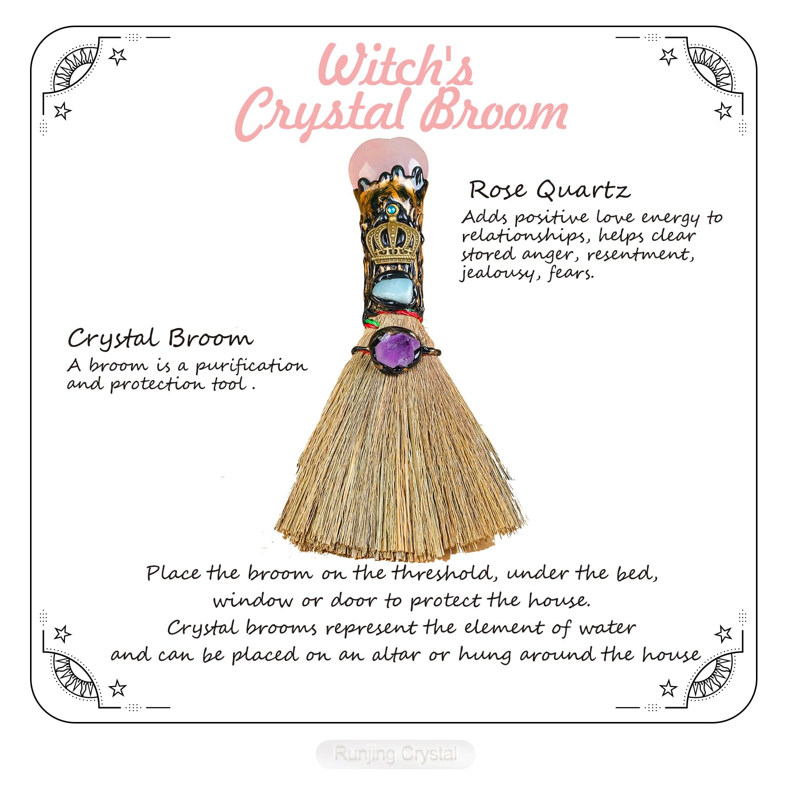 RJINGSHI Handmade Reiki Broom with rose quartz adds warmth and calm to any room
