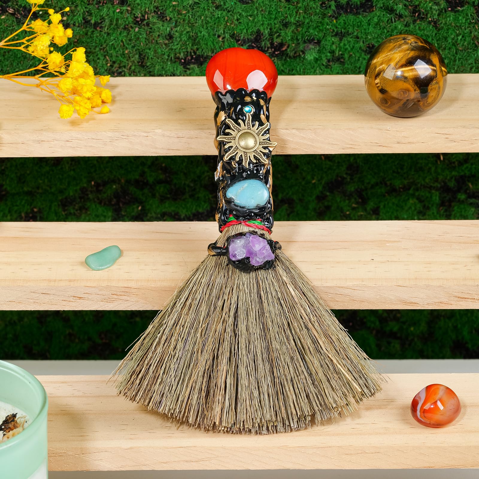RJINGSHI natural red agate witch broom front view highlights handmade craftsmanship for energizing spaces