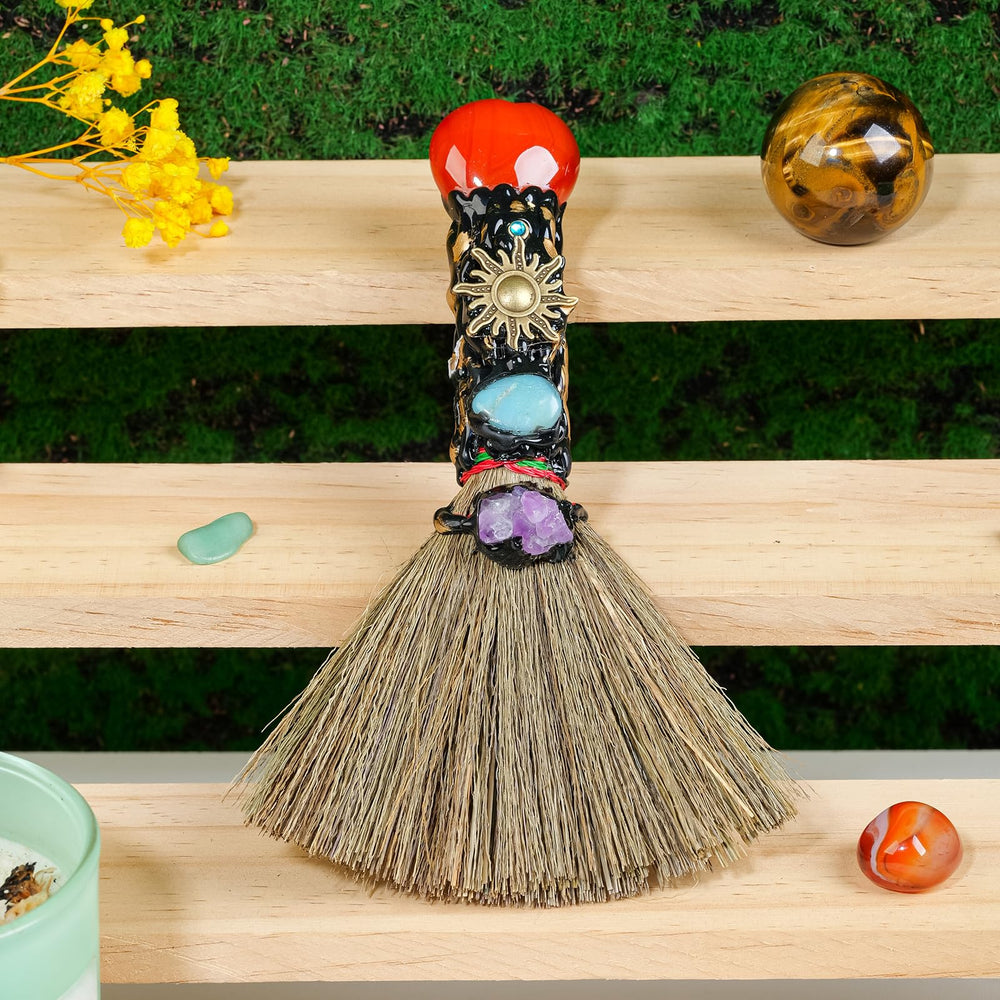 RJINGSHI natural red agate witch broom front view highlights handmade craftsmanship for energizing spaces
