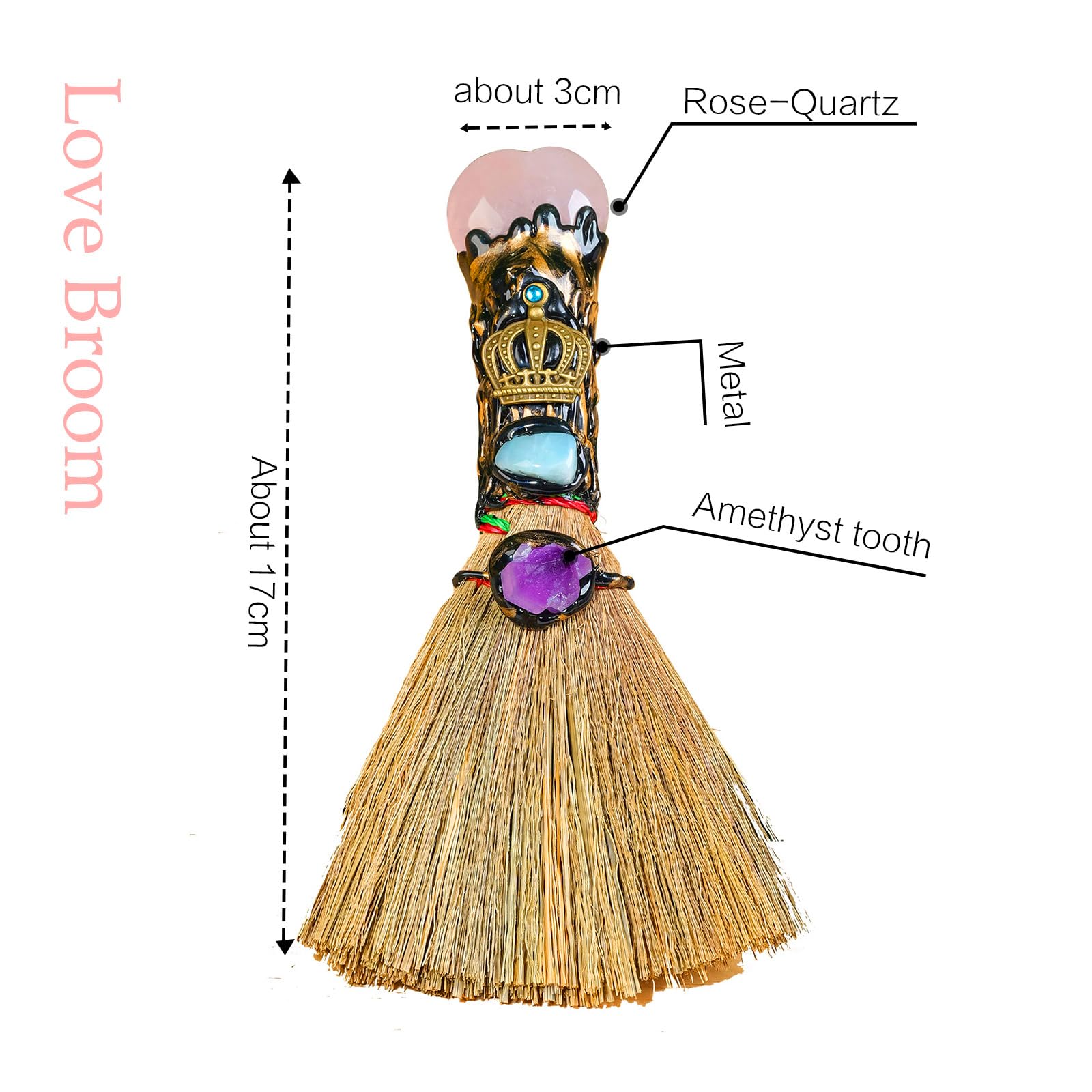 RJINGSHI Natural Rose Quartz Love Broom showcases a unique crystal centerpiece for home atmosphere