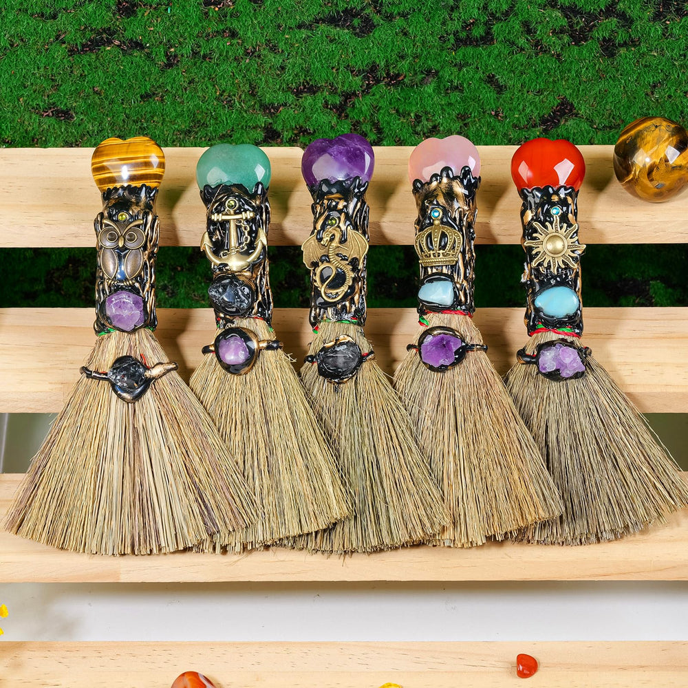 RJINGSHI Rose Quartz Crystal Broom creates a soothing decorative piece for altar or desk