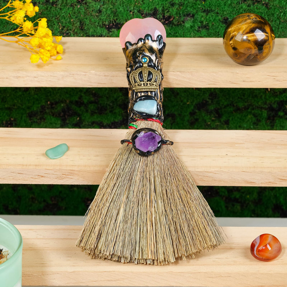 RJINGSHI Witch Cinnamon Broom with rose quartz decorates your space and invites positive energy