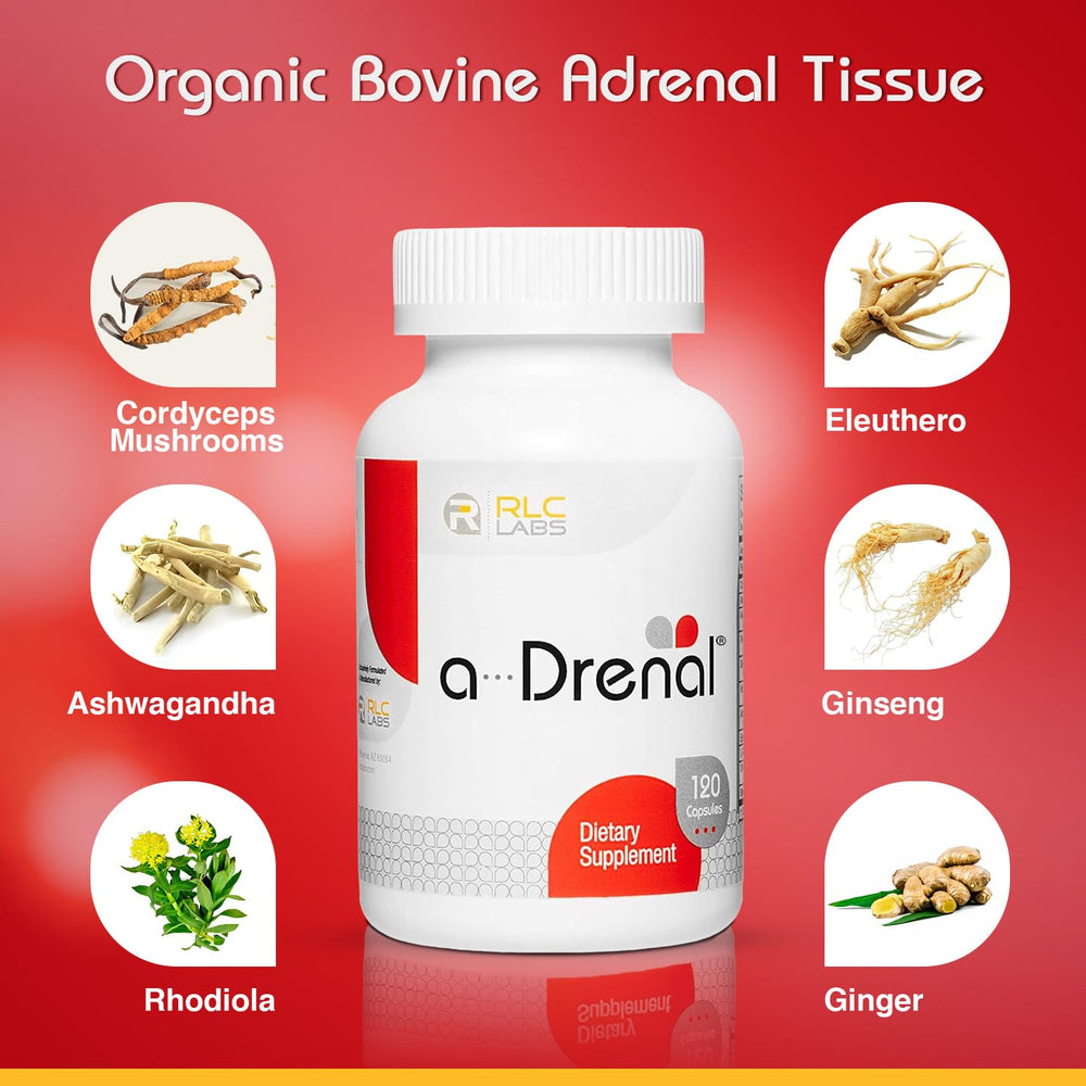 RLC Labs a-Drenal capsules closeup highlighting convenient daily capsules for energy and mood