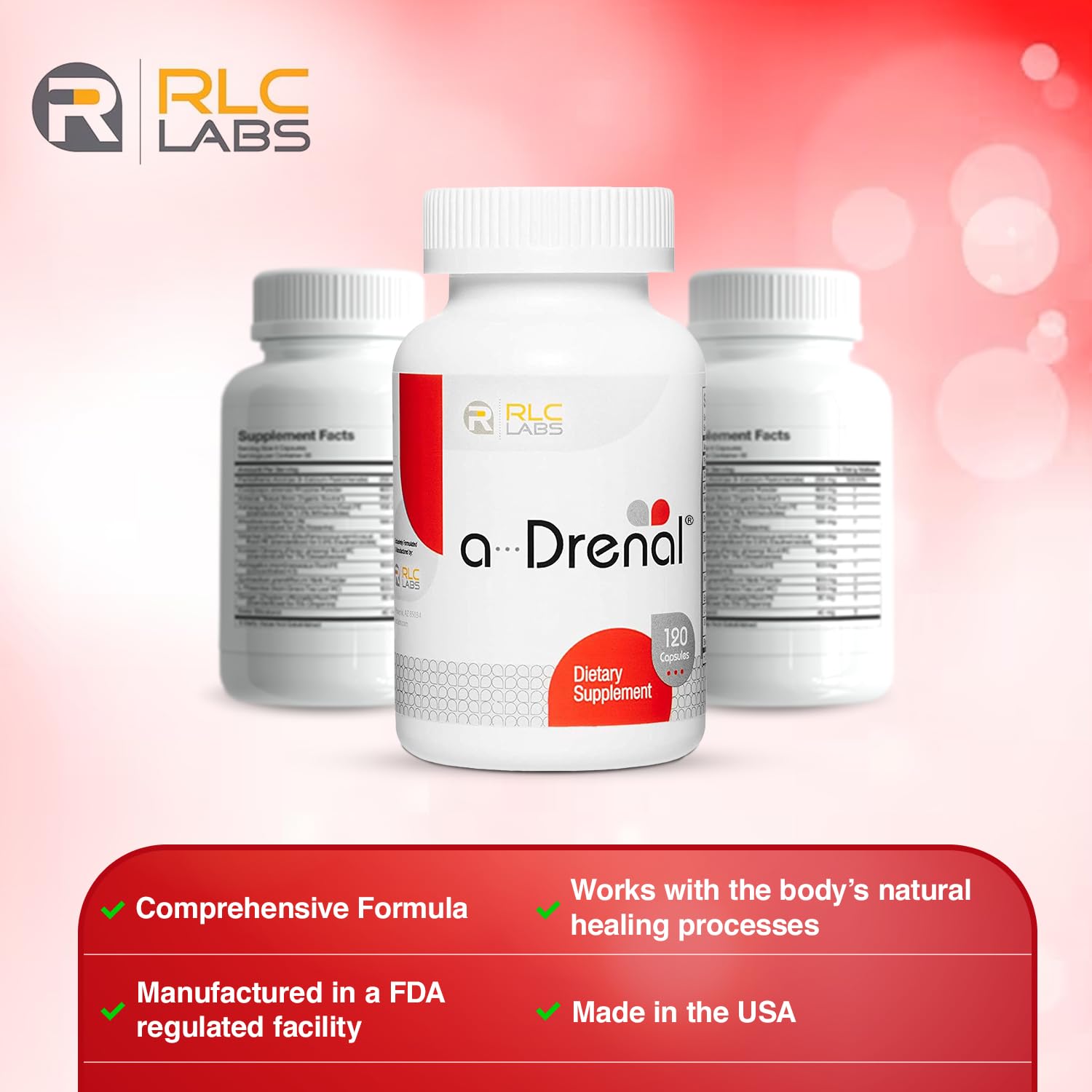 RLC Labs a-Drenal ginger root highlight suggesting soothing digestion and vitality benefits