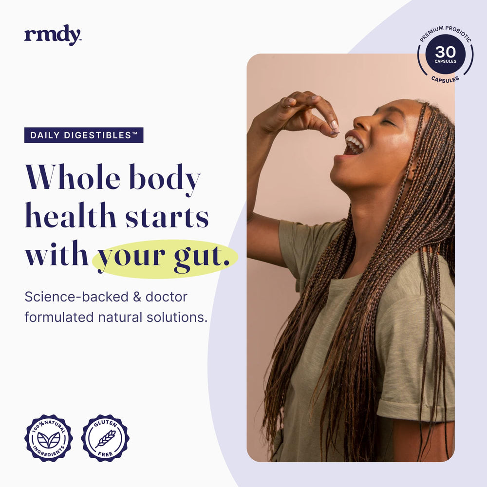 rmdy probiotic capsules close-up highlighting precise CFU formulation for regularity.