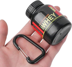 RNB Digital protein keychain dual cap and funnel enabling mess-free pouring.