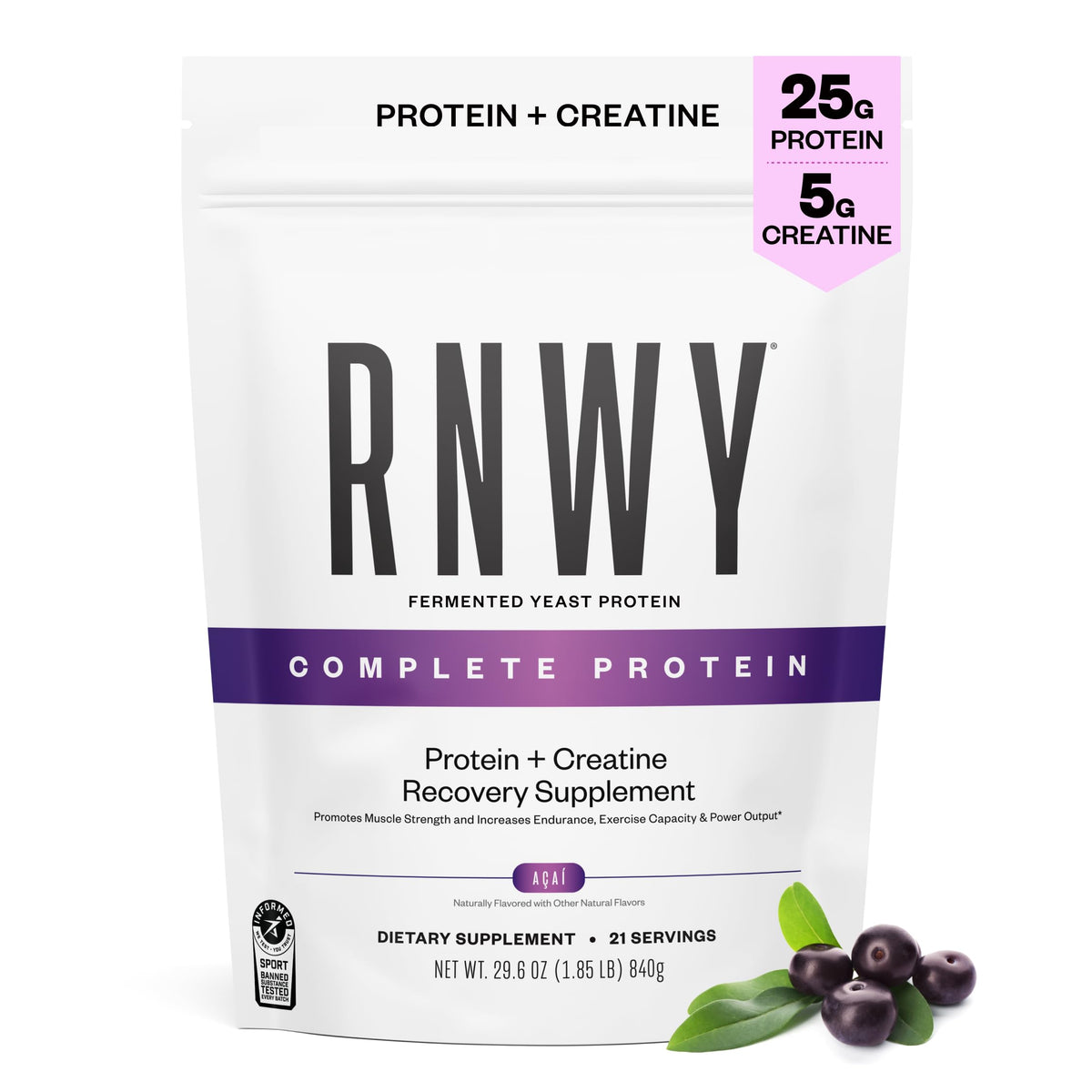 RNWY acai protein yeast bottle highlights vegan protein with clean, athlete-friendly ingredients.