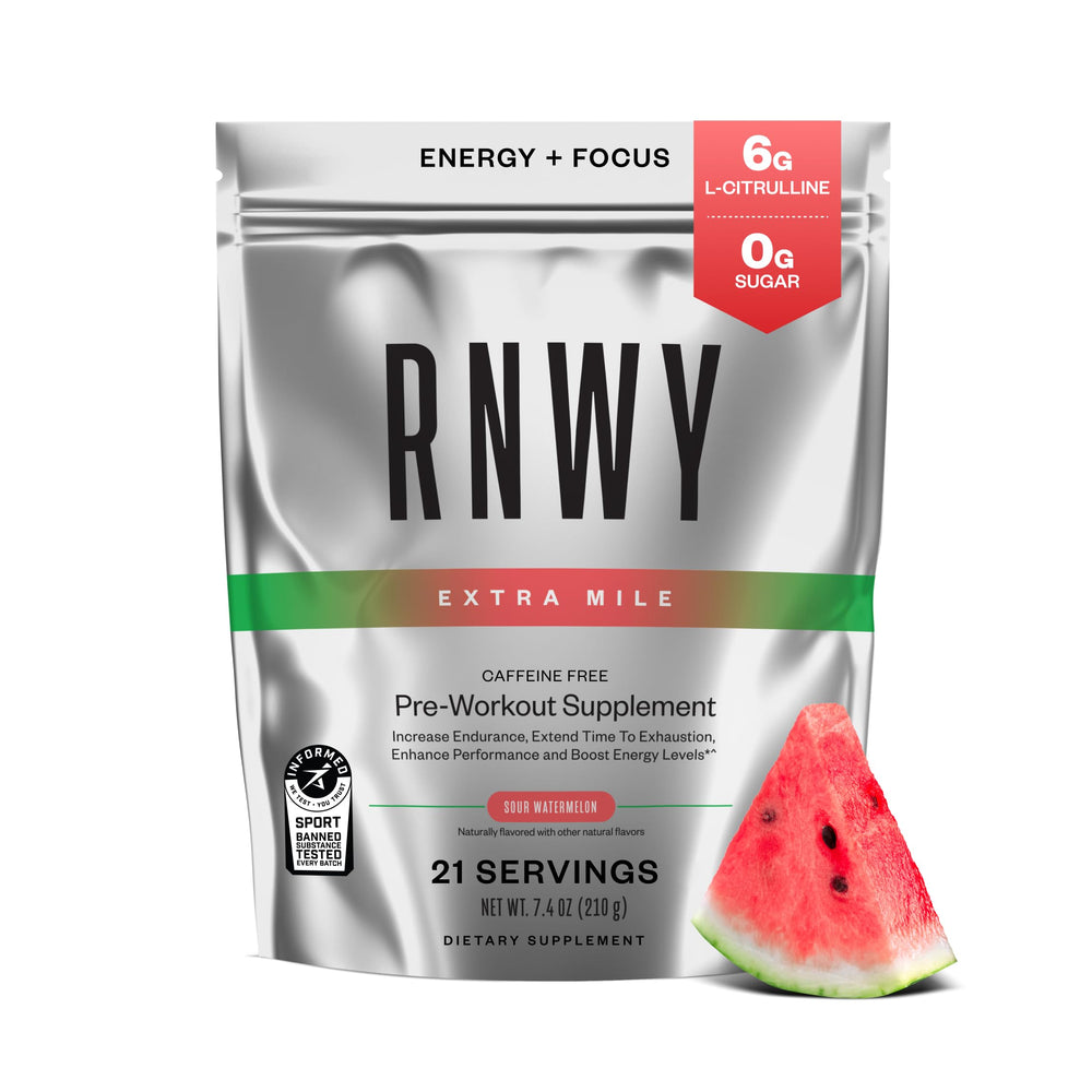 RNWY Extra Mile bottle pour shows caffeine-free energy for steady workouts.