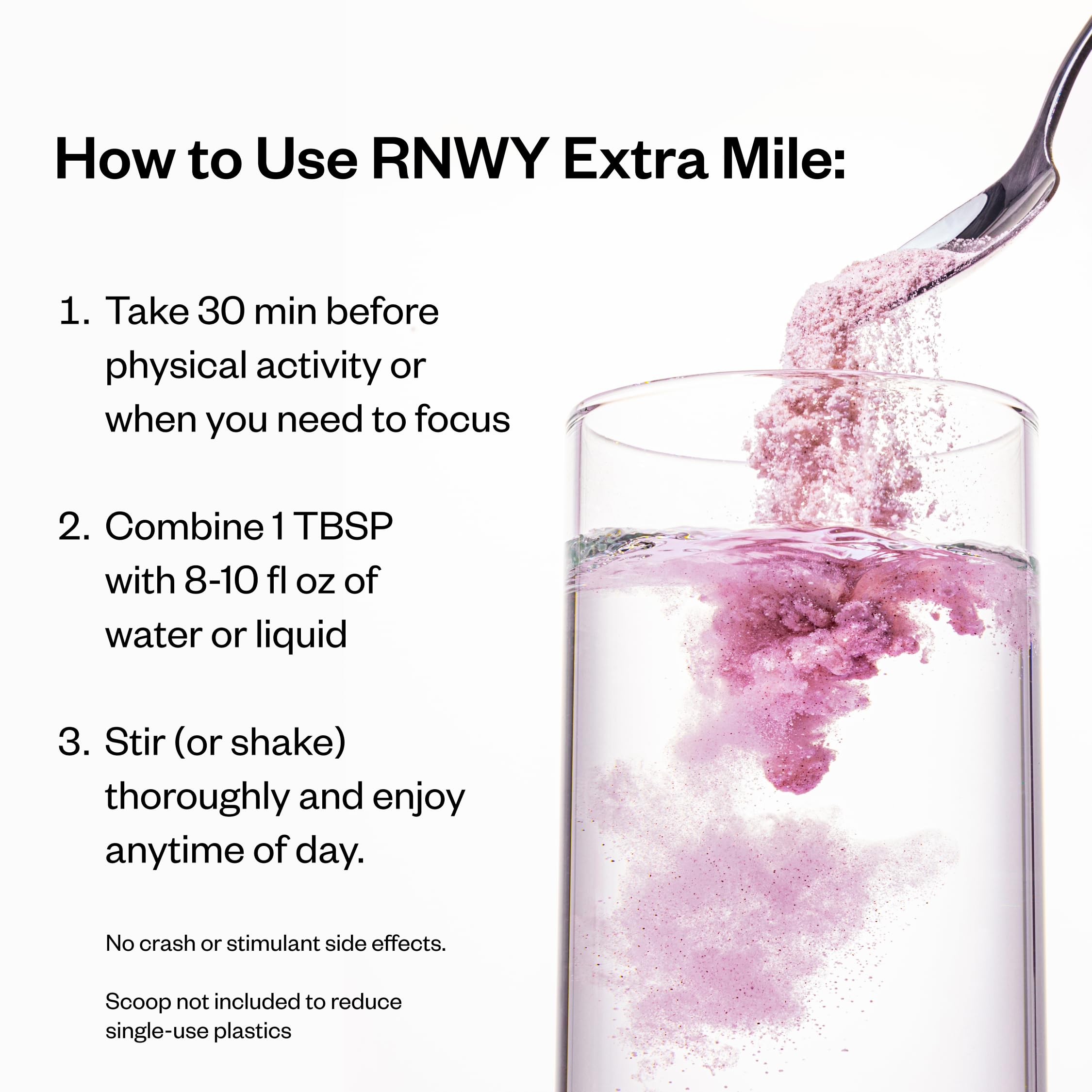 RNWY Extra Mile tub close-up highlights clean formula.