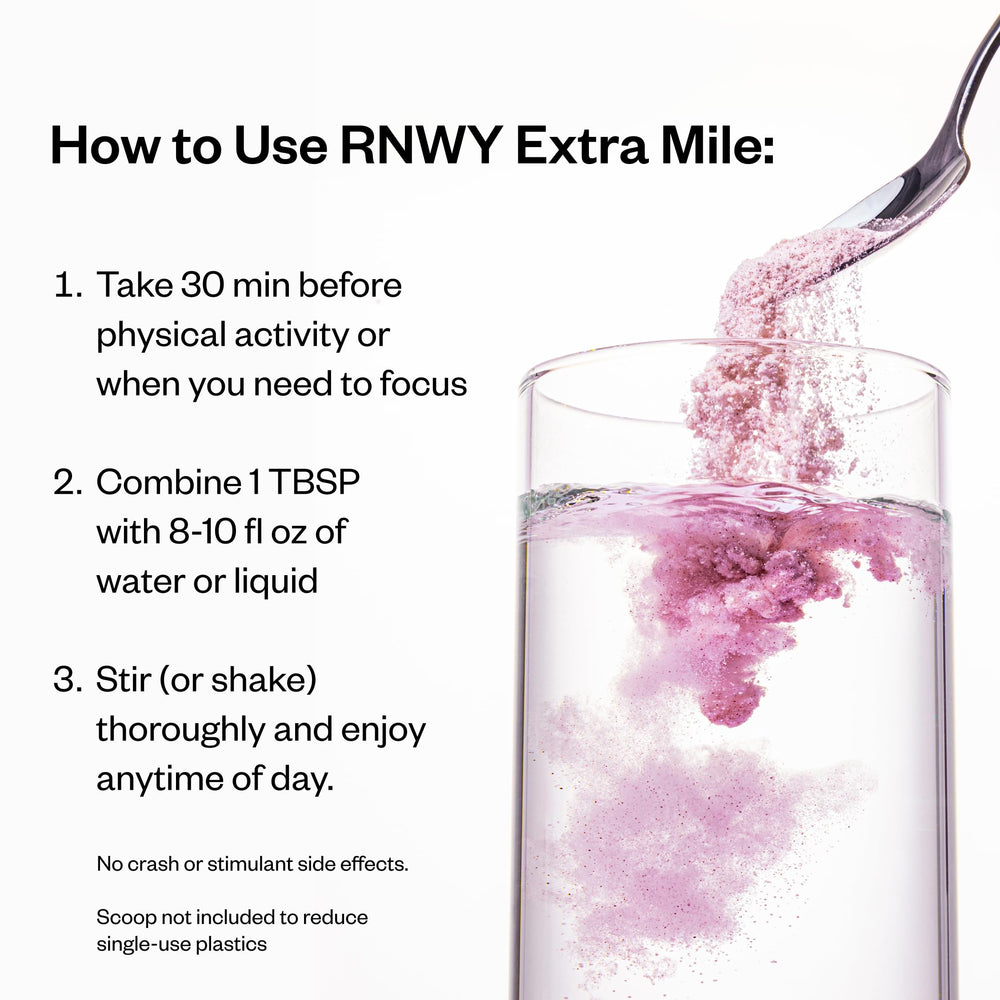 RNWY Extra Mile tub close-up highlights clean formula.