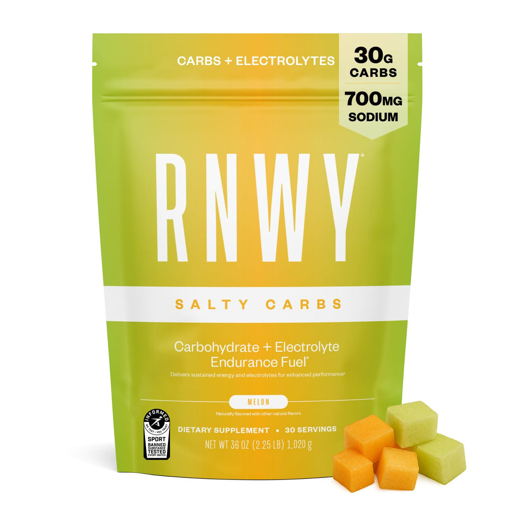 RNWY Salty Carbs bottle-front demonstrates endurance-ready hydration and fueling.